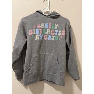 Womens Grey Graphic Hoodie Easily Distracted By Cats Cute Cat Lover Pullover S M